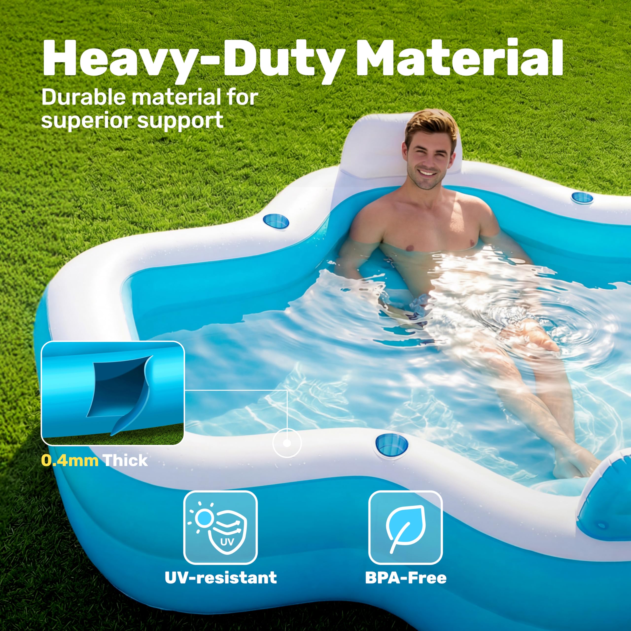 Sloosh inflatable pool with cup-holders keeps drinks within reach during play.