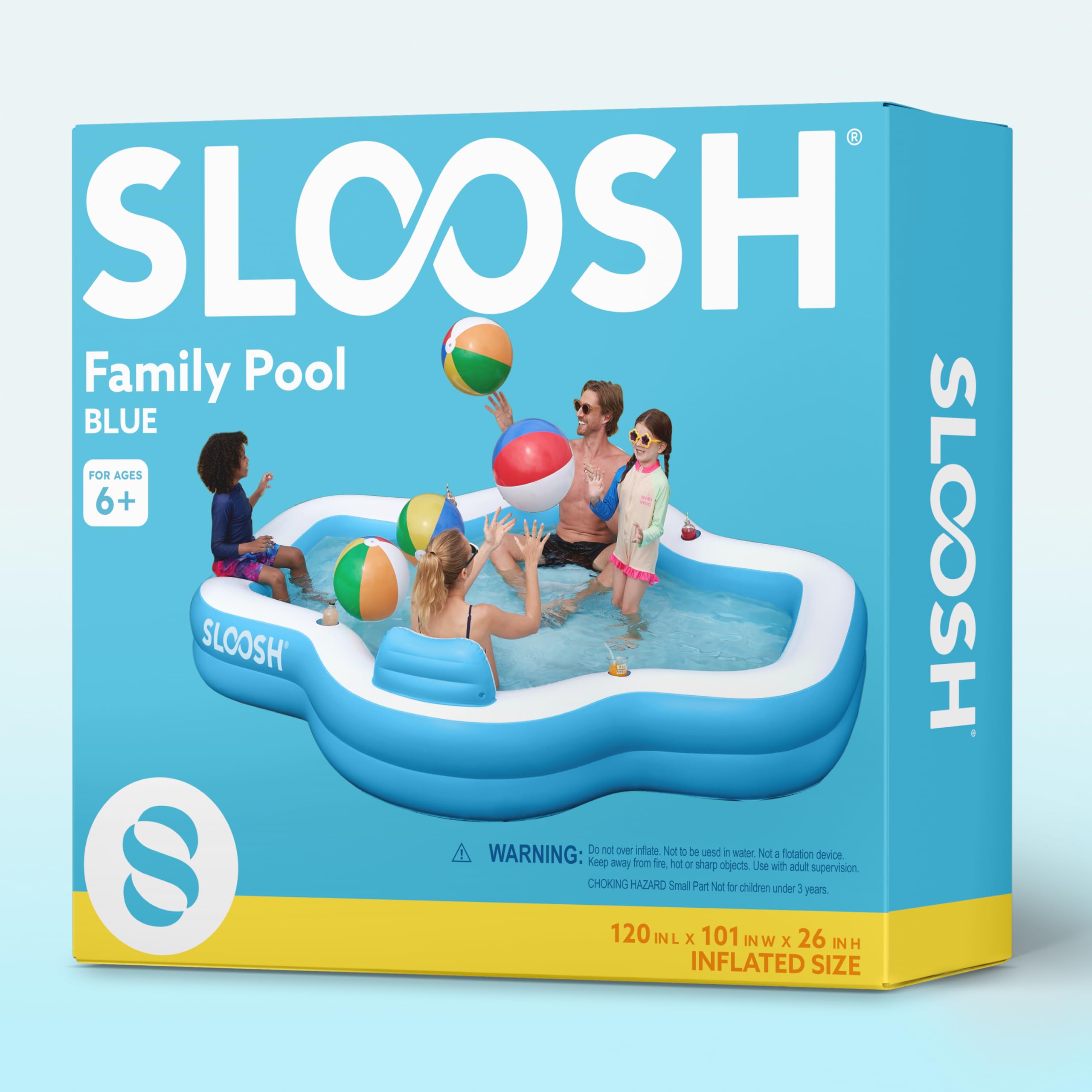 Sloosh inflatable pool with bench seat delivers premium support during lounging.