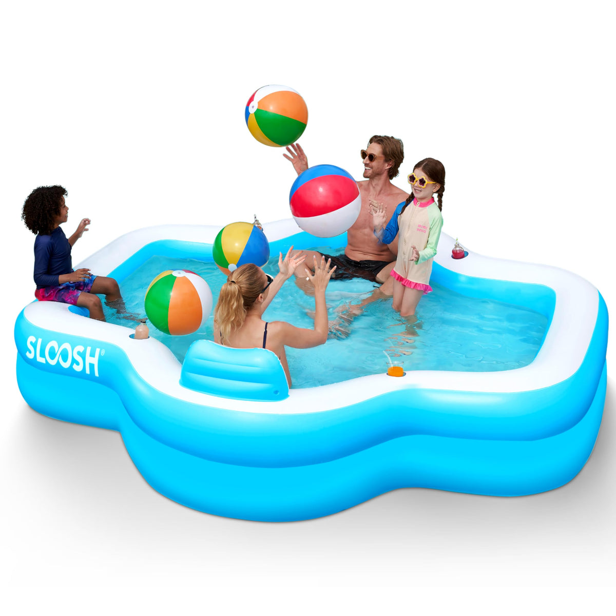 Sloosh inflatable pool full-size backrest offers comfortable seating for family gatherings.