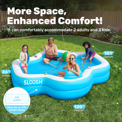 Sloosh inflatable pool UV-protected material resists sun exposure for longer seasonal use.