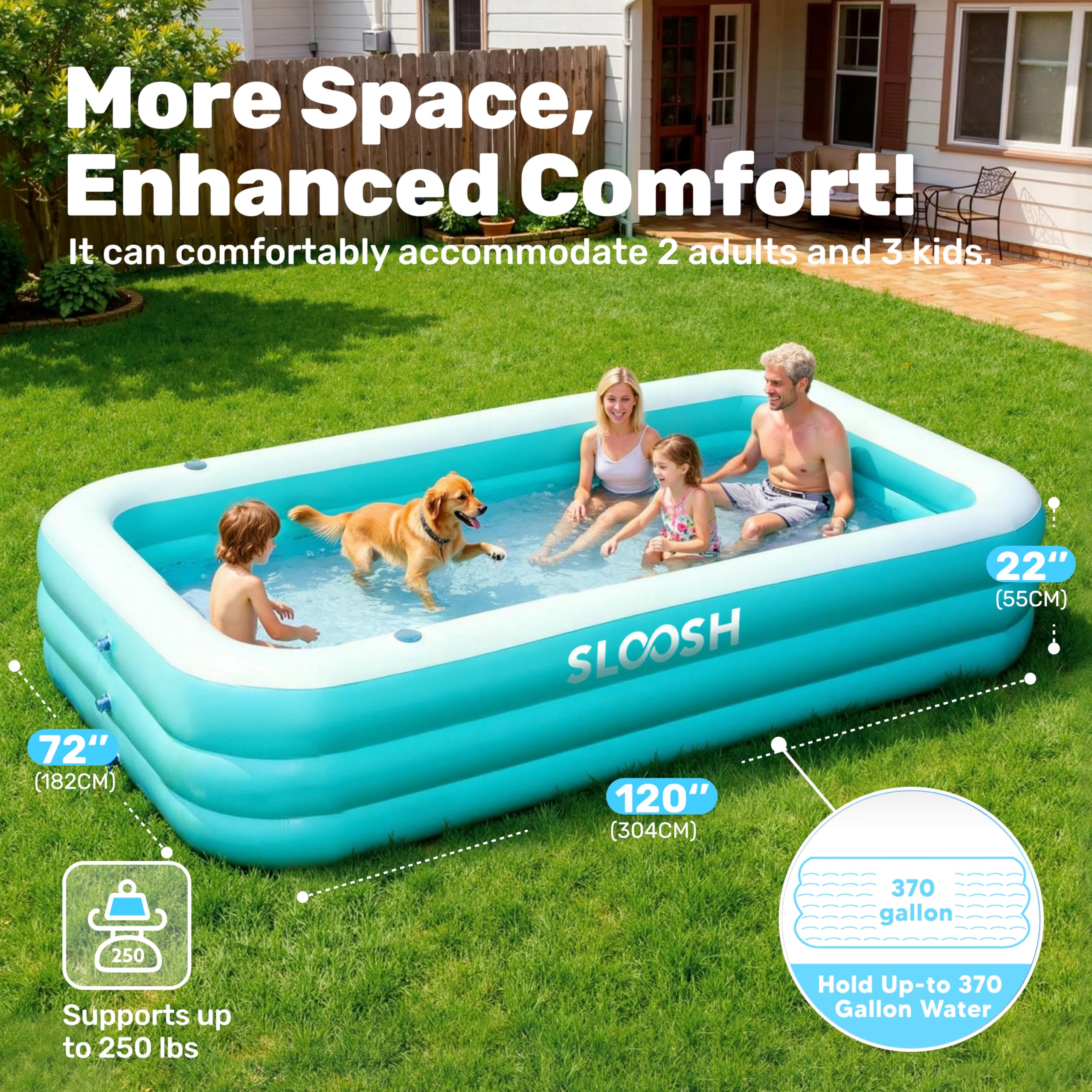 Sloosh pool with three air chambers delivers extra stability during use.