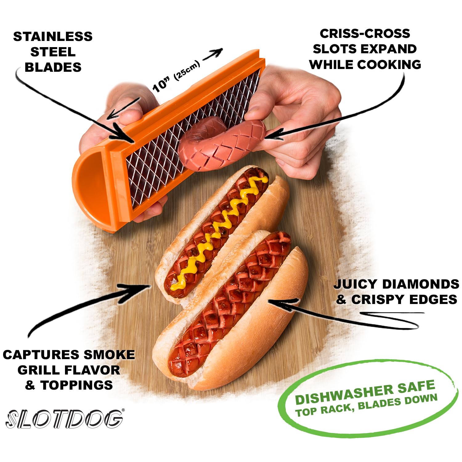 SLOTDOG orange slicer close-up showing durable stainless blades for precise cuts.