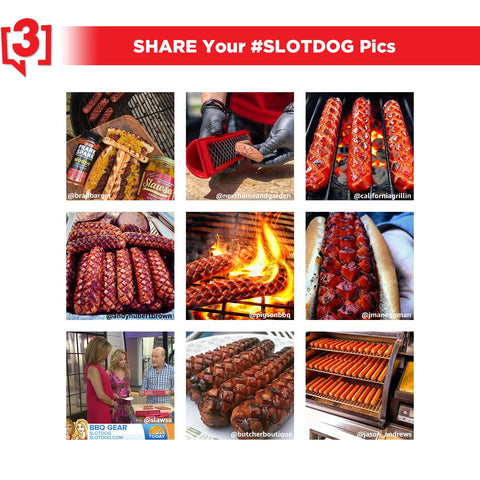 SLOTDOG orange tool on a grill-ready setup aids juicy diamonds with toppings.
