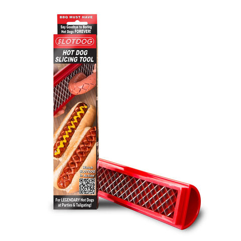 SLOTDOG hot dog slicer with diamond slots close-up for flavor infusion.