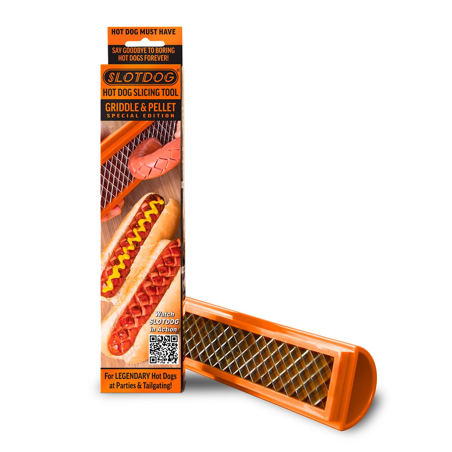 SLOTDOG hot dog slicing tool orange with criss-cross slots for deeper smoke flavor.