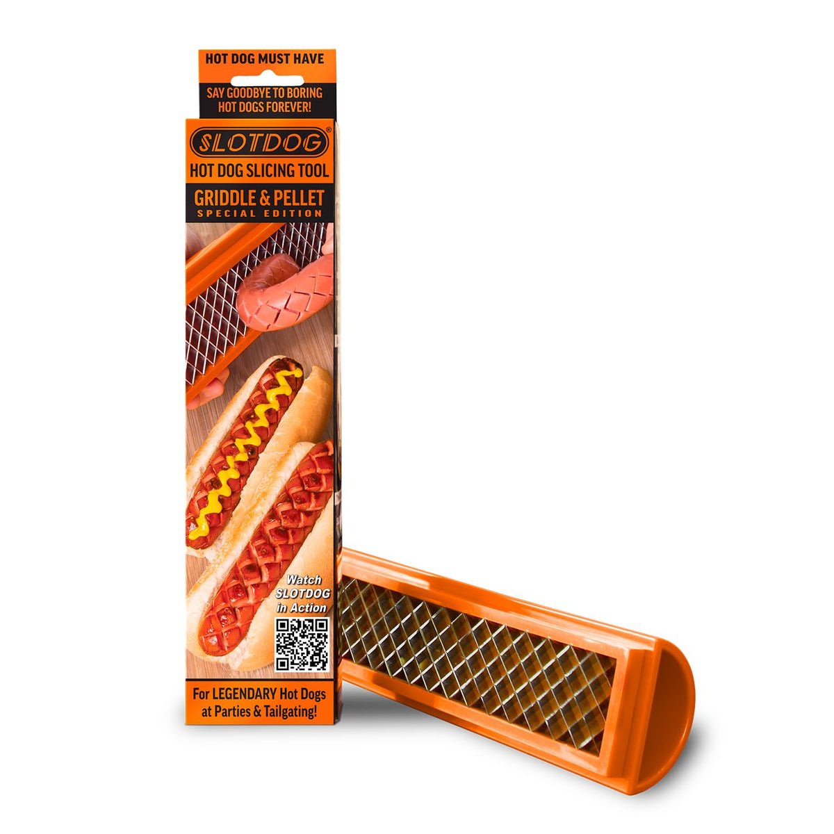 SLOTDOG hot dog slicing tool orange with criss-cross slots for deeper smoke flavor.