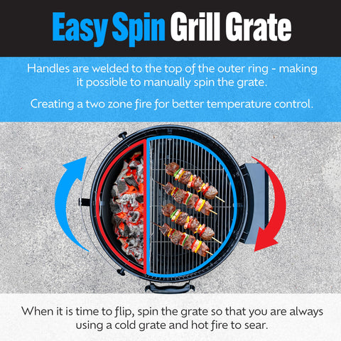 Slow N Sear 304 stainless steel grate emphasizes rust-resistant durability.
