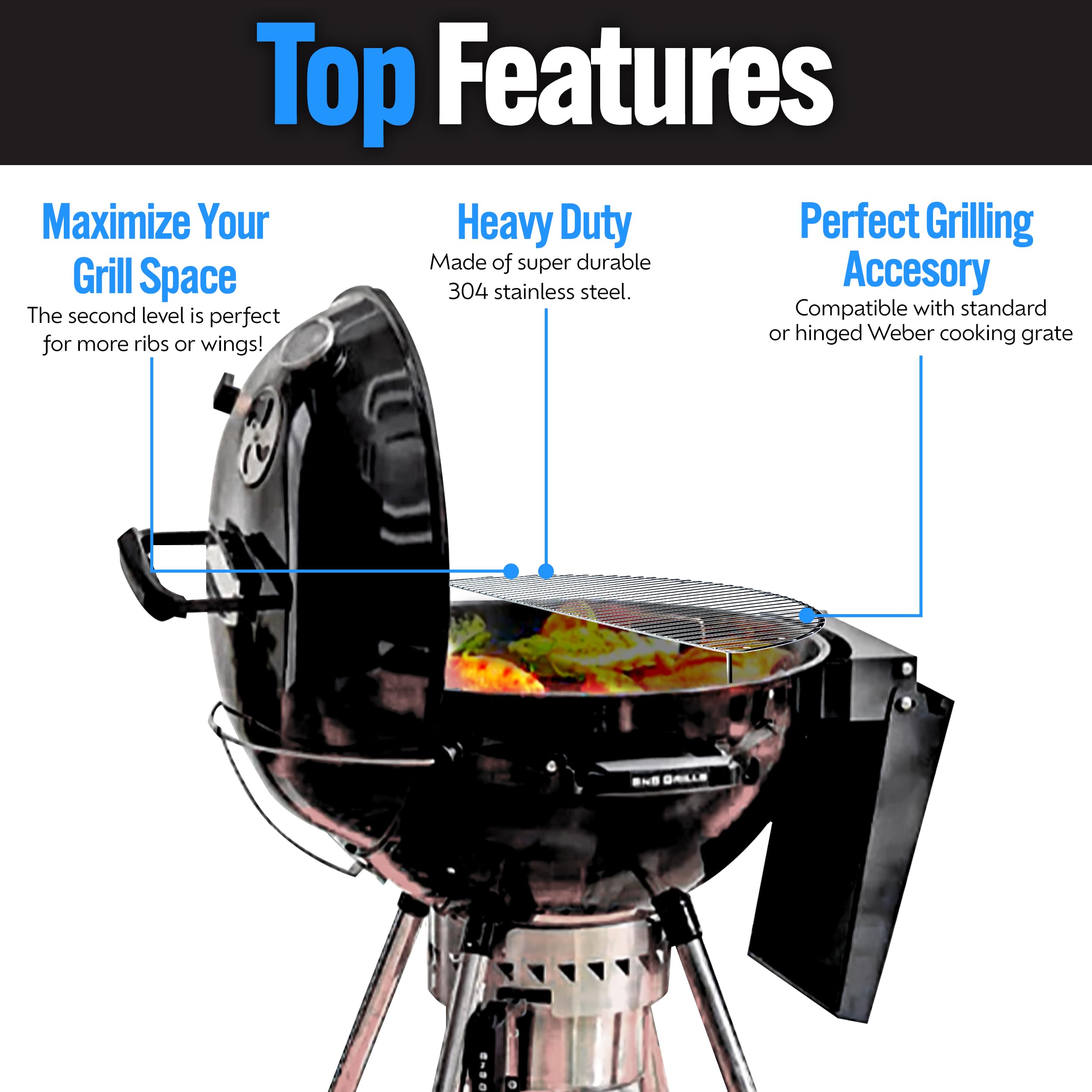 Durable 304 stainless steel Slow 'N Sear grate resists rust for long-lasting grilling.