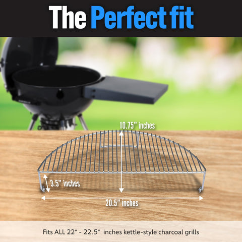 Slow 'N Sear elevated grate securely fits behind the grate handle for stability.