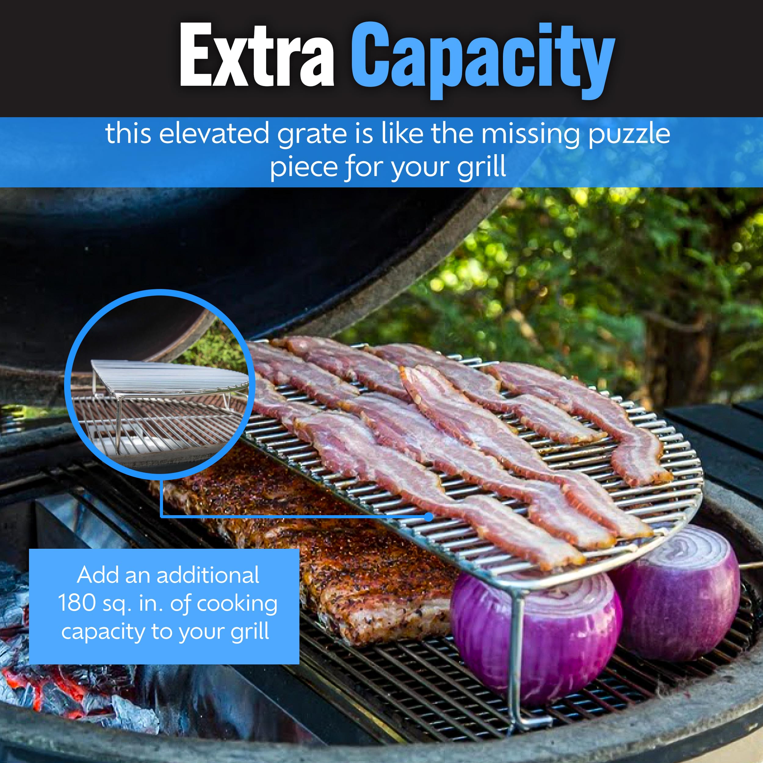 Slow 'N Sear elevated grate compatible with Weber grills and standard setups.