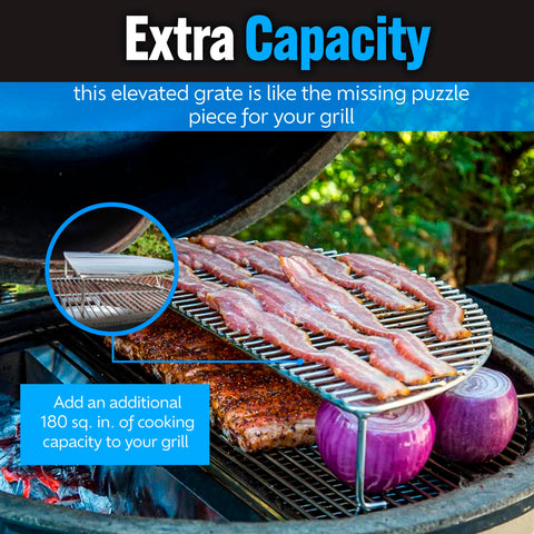 Slow 'N Sear elevated grate compatible with Weber grills and standard setups.