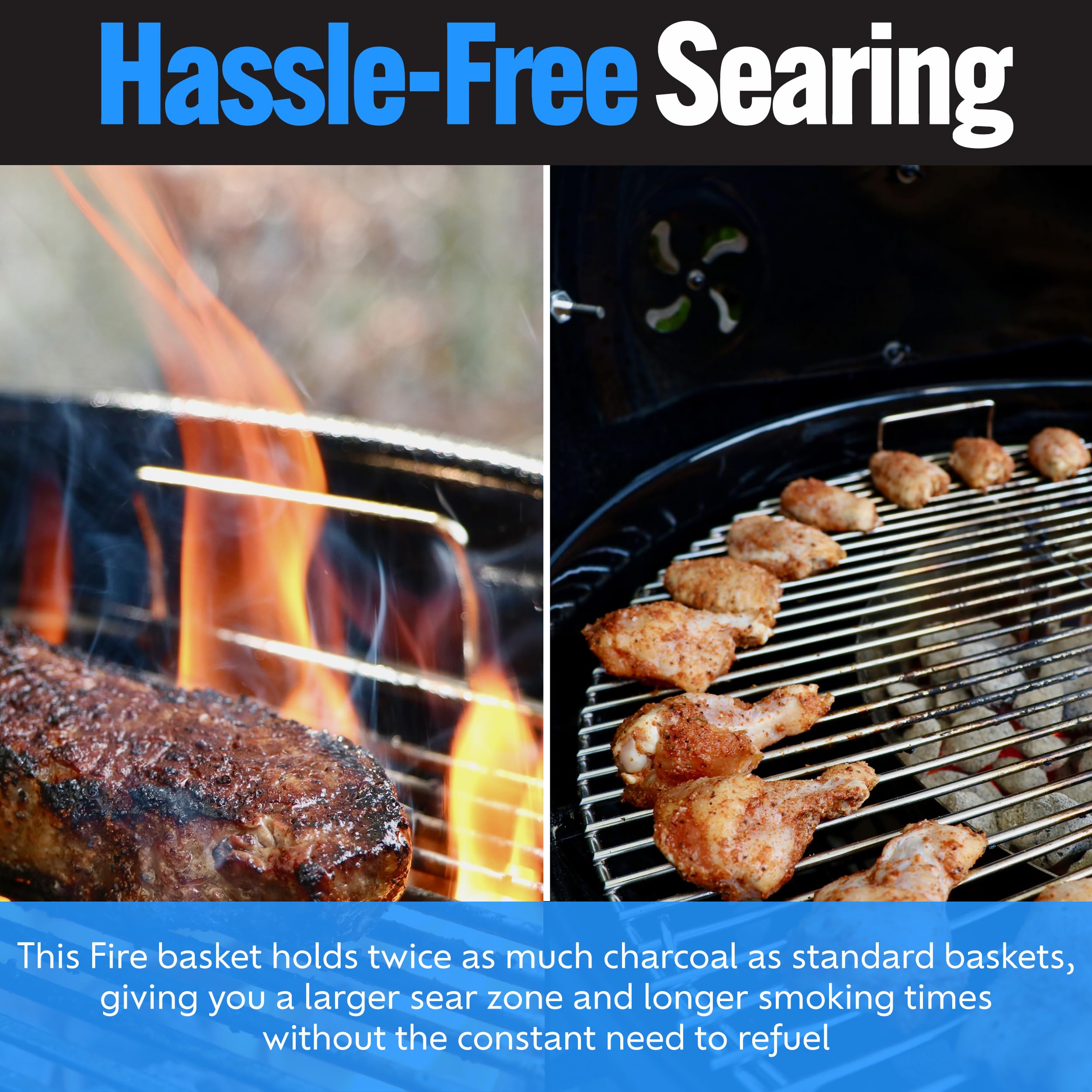 Large cooking area of the FireBasket accommodates bigger grilling setups.