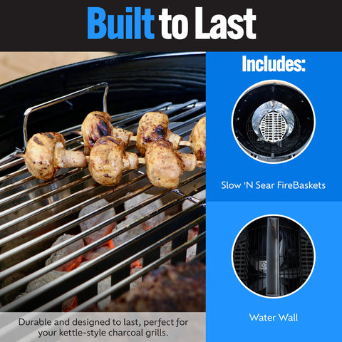 Water pan in the FireBasket helps regulate temperatures for steadier cooks.