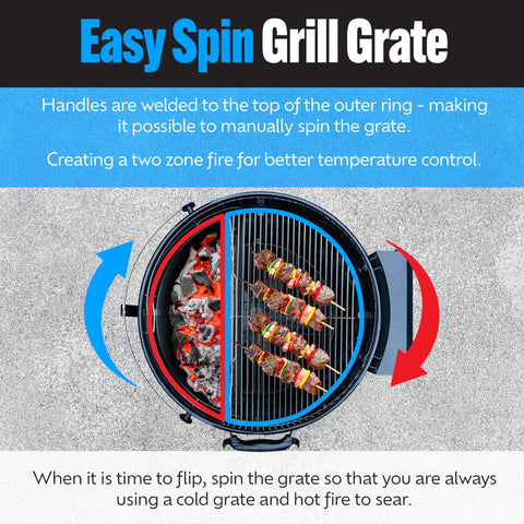 Slow 'N Sear hinged-opening grate enables adding charcoal without temperature drop