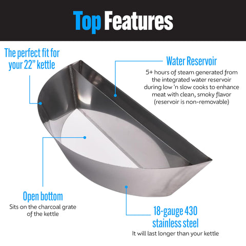 Slow N Sear patent-protected design highlights precise charcoal ramp and water reservoir