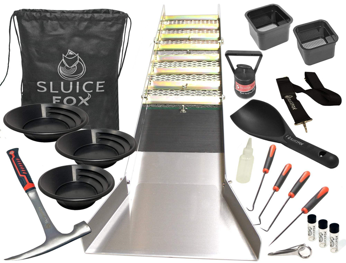 Sluice Fox folding sluice box demonstrates a compact design for easy field transport.