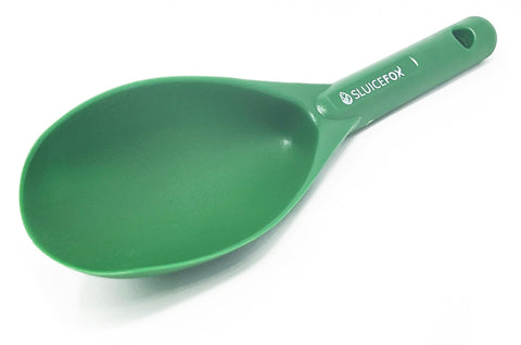 Sluice Fox hand trowel angle shows beveled edge for easy digging