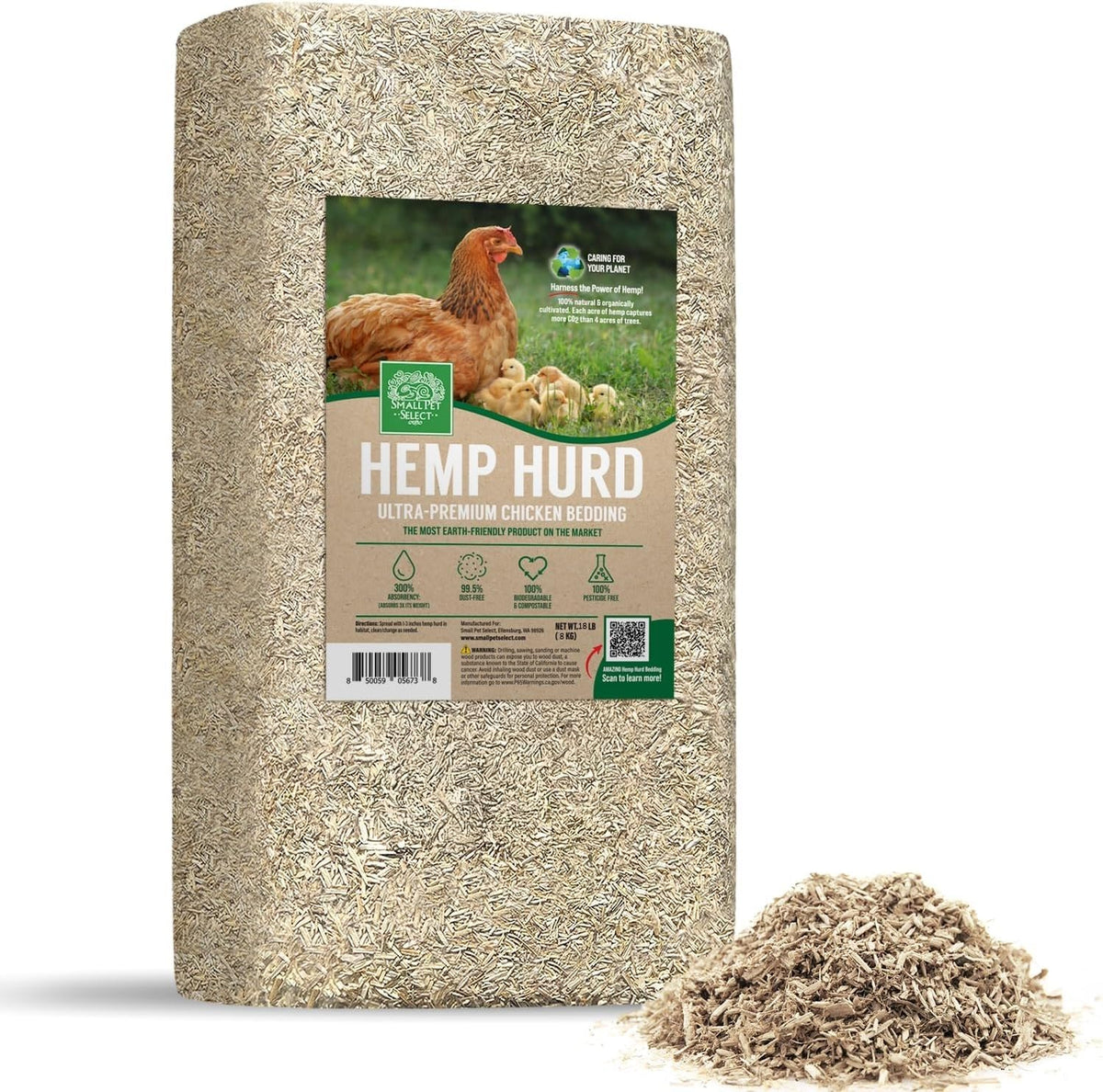 Small Pet Select Hemp Hurd Bedding in a chicken coop with superior absorbency and odor control.