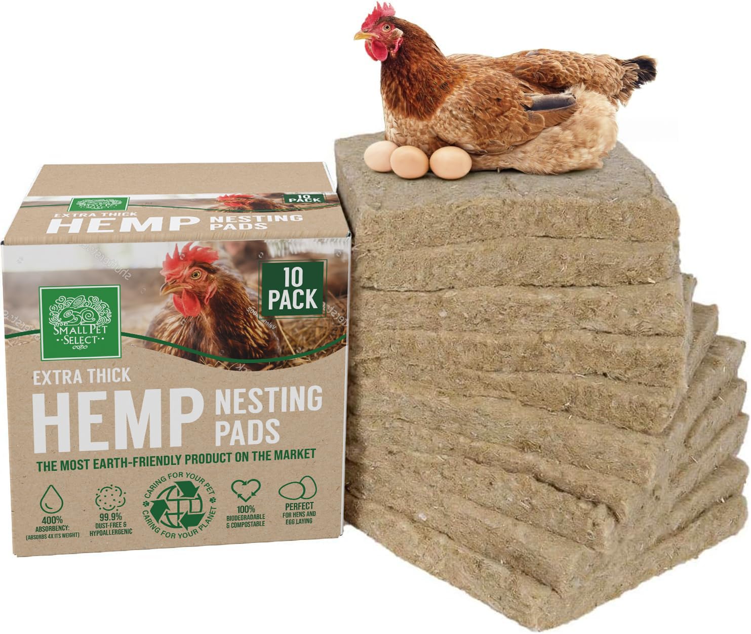 Small Pet Select hemp nesting pads packaging for a 10-pack coop upgrade.