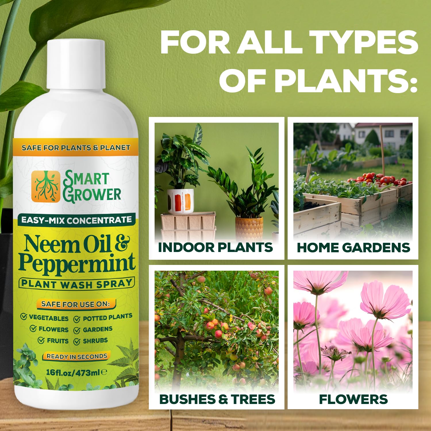 Garden and outdoor plants benefit from Smart Grower neem oil spray.