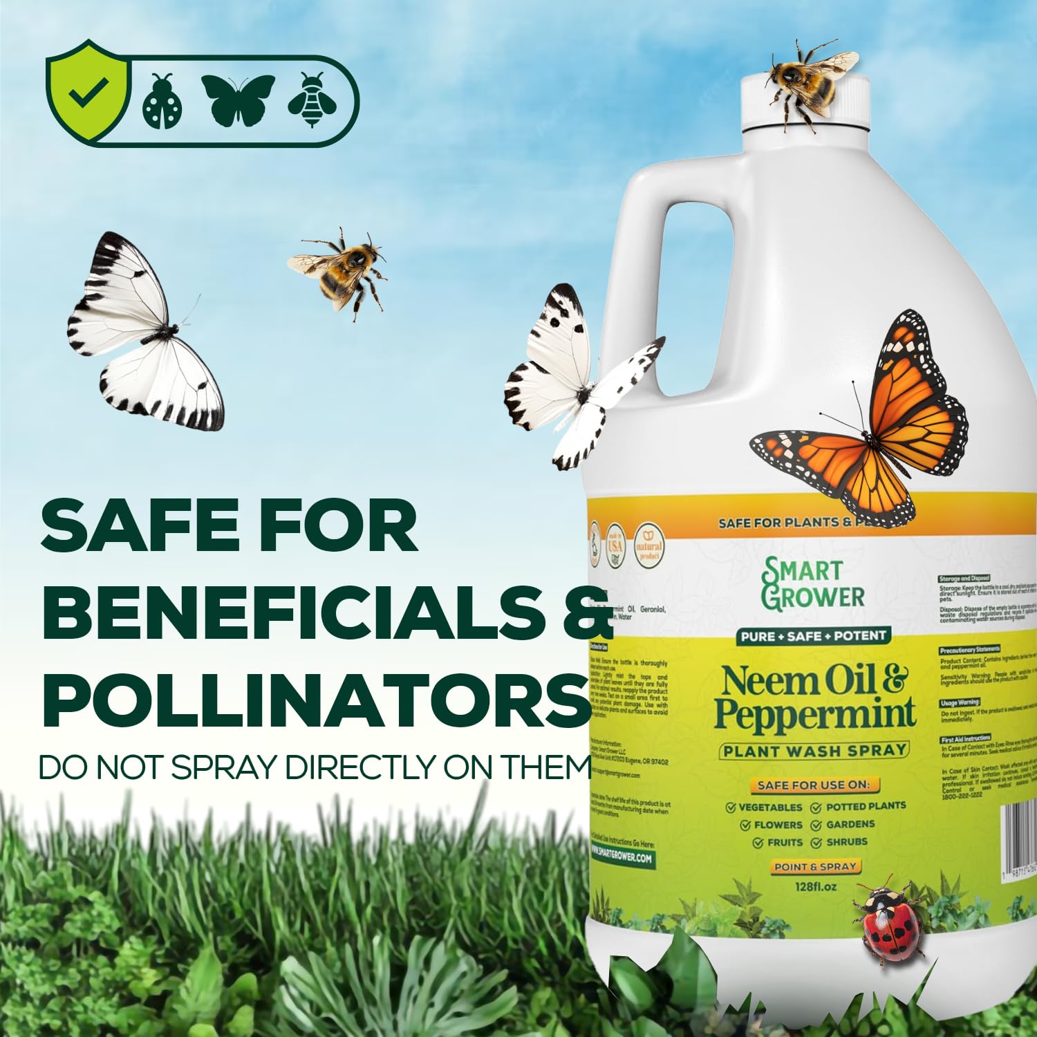 Smart Grower label close-up highlights neem and peppermint ingredients