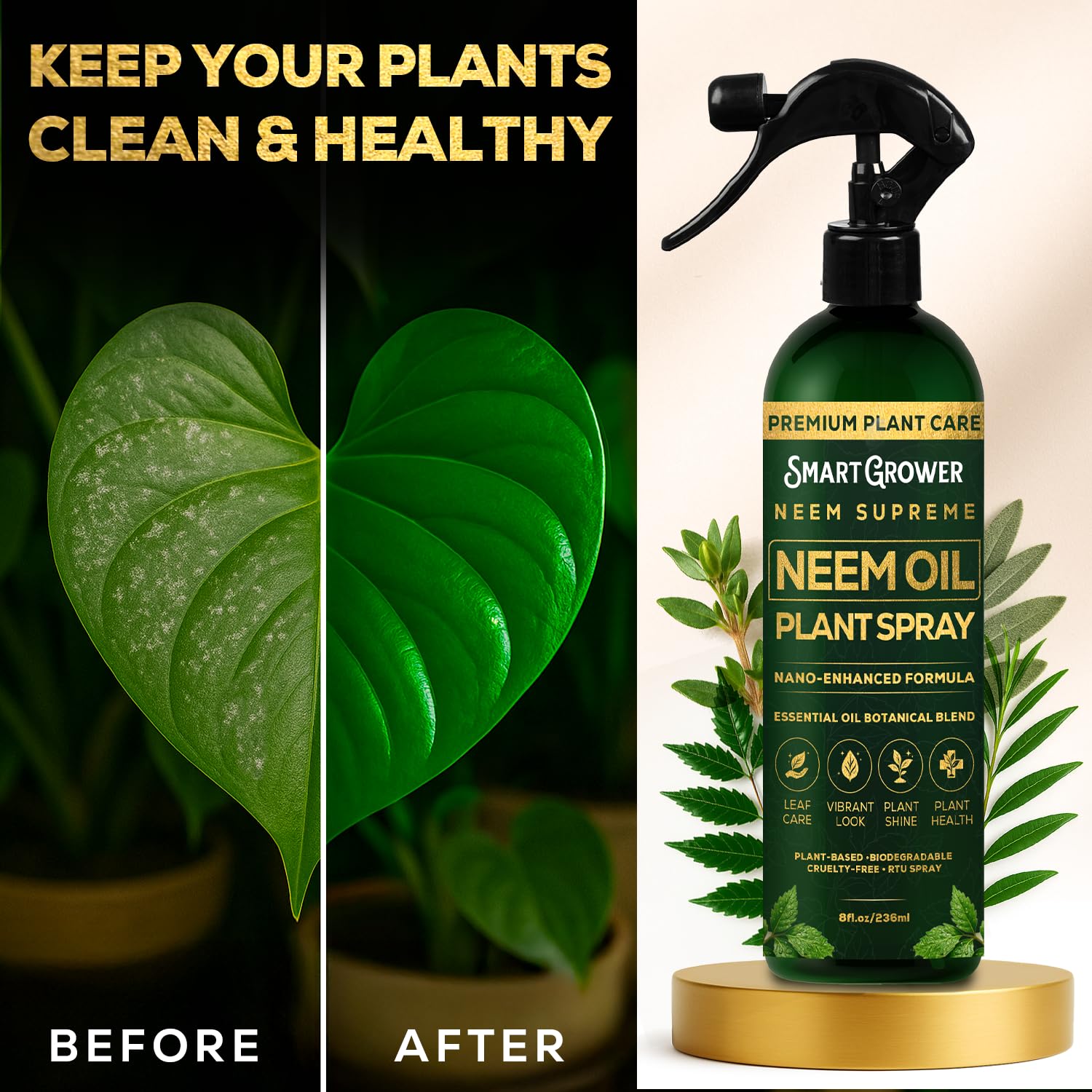 Fine mist from Smart Grower neem oil spray refreshes indoor plant leaves.