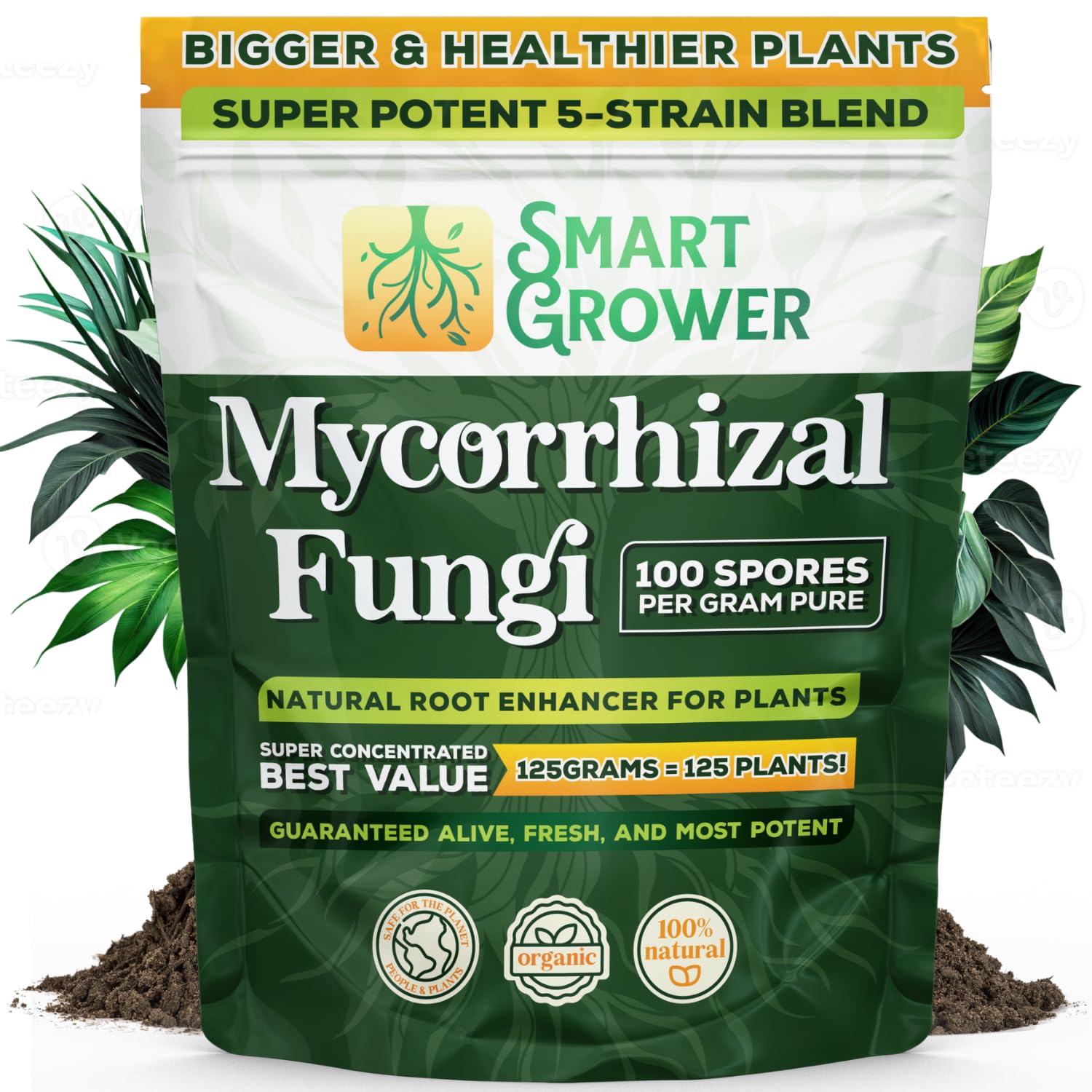 Smart Grower mycorrhizal fungi bag label showing fresh formulation for healthy roots.