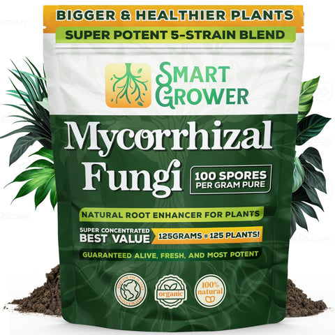 Smart Grower mycorrhizal fungi bag label showing fresh formulation for healthy roots.