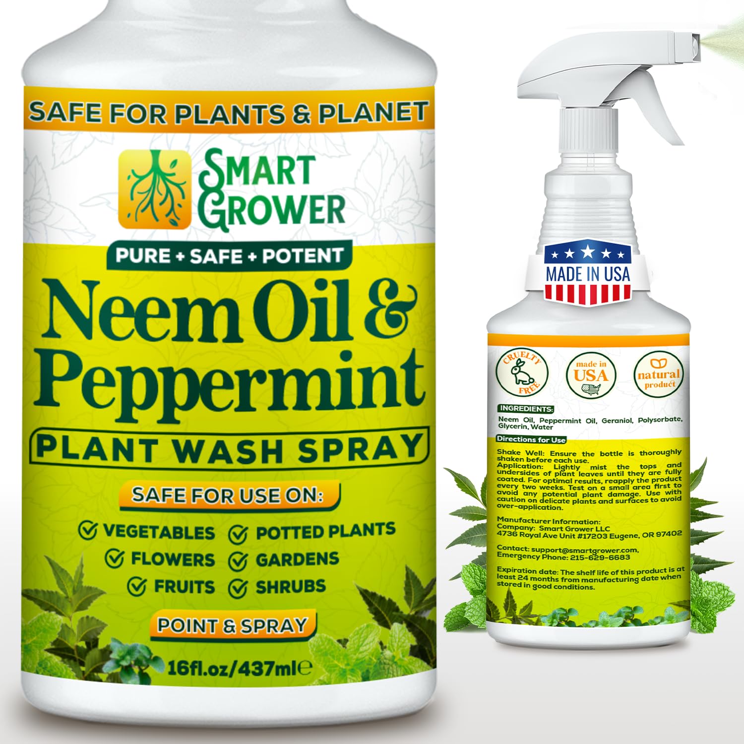 Smart Grower neem oil spray bottle close-up for gentle plant care.