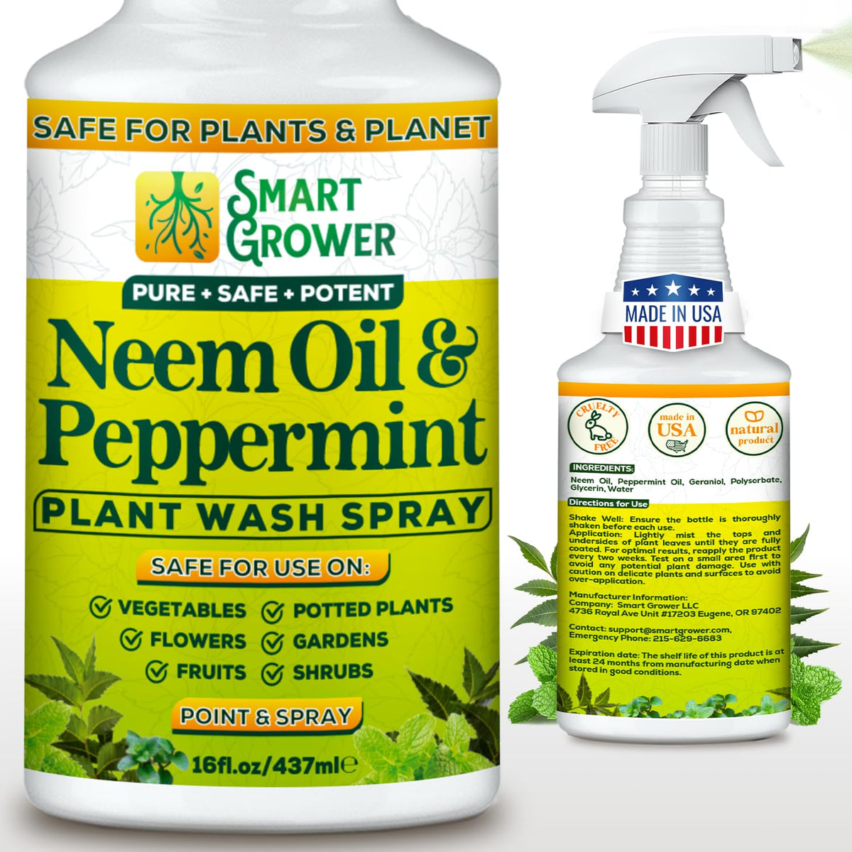 Smart Grower neem oil spray bottle close-up for gentle plant care.