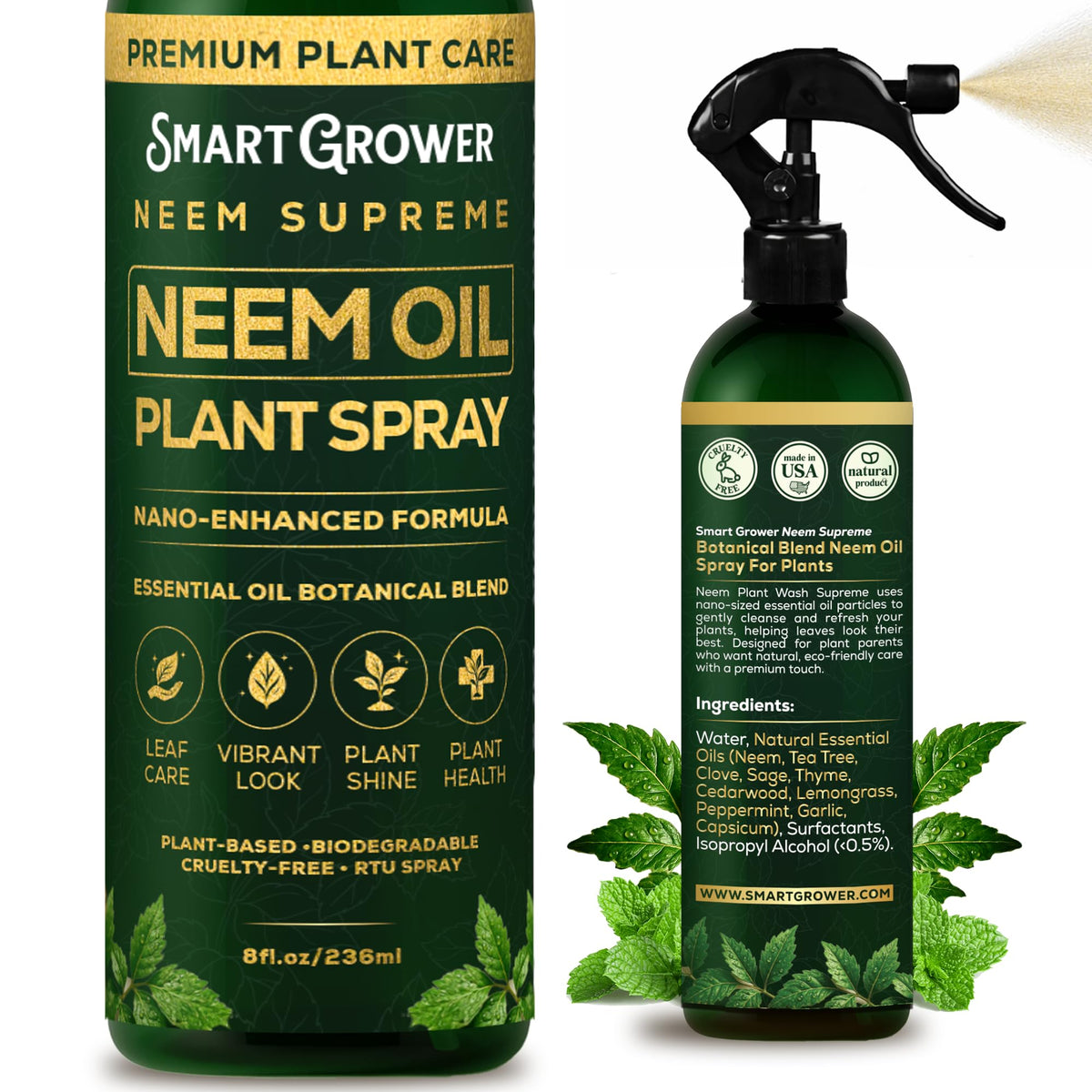 Smart Grower neem oil spray bottle for easy indoor plant care and shine.