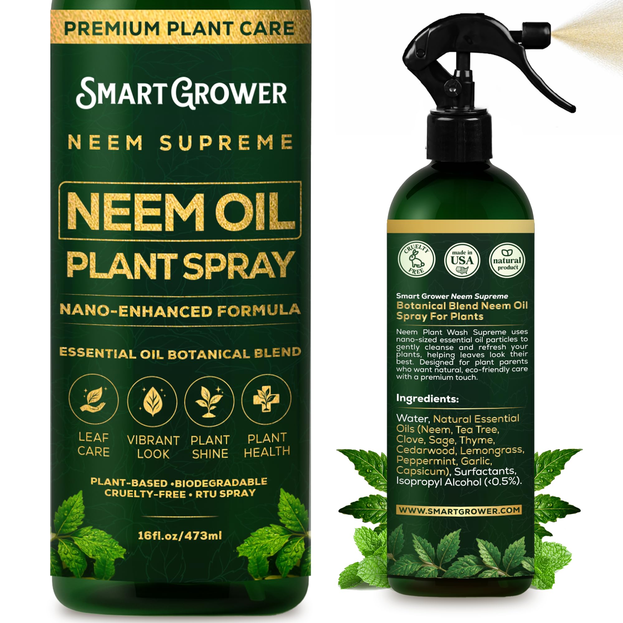 Smart Grower Neem Oil Spray bottle with botanical blend for plant care and cleansing.
