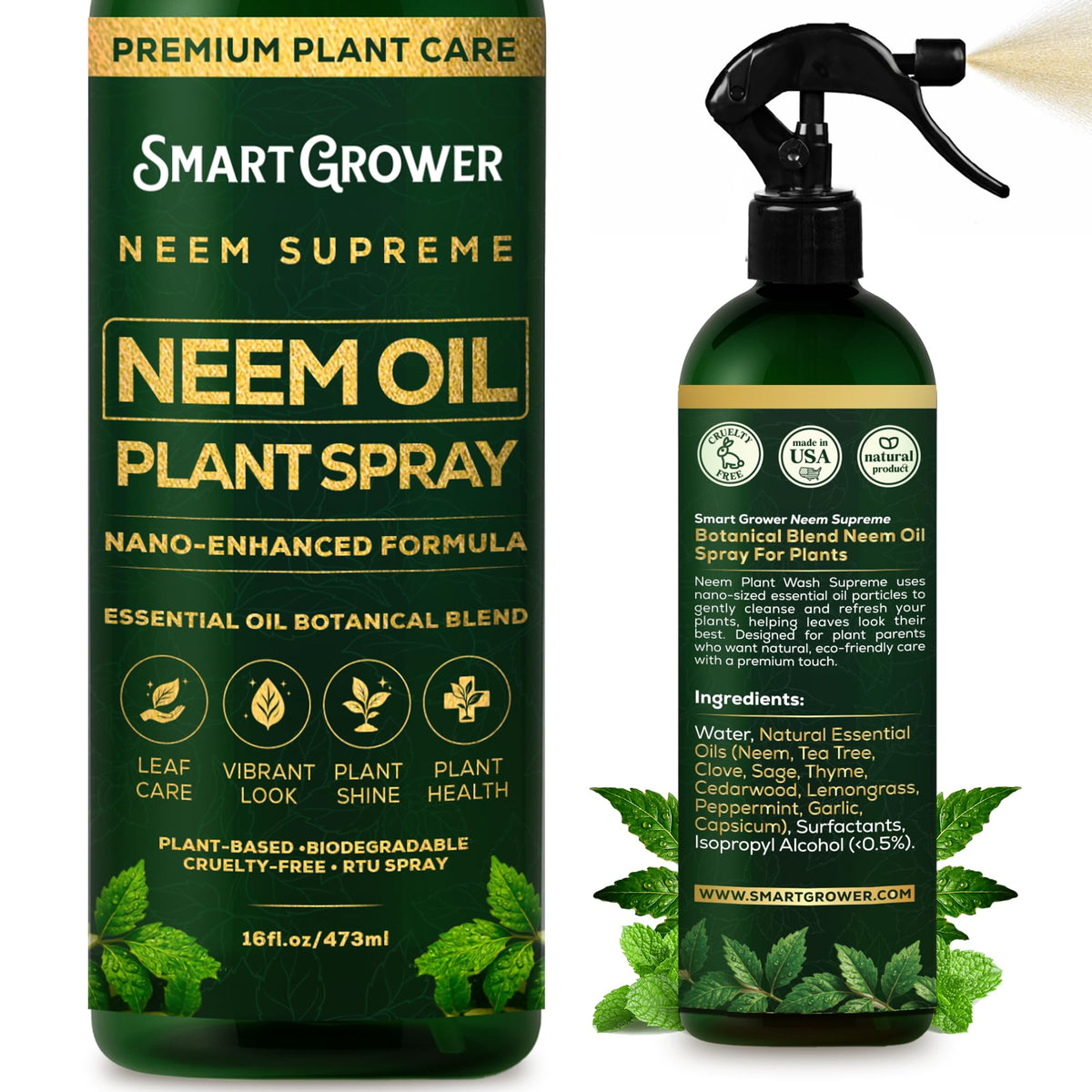 Smart Grower Neem Oil Spray bottle with botanical blend for plant care and cleansing.