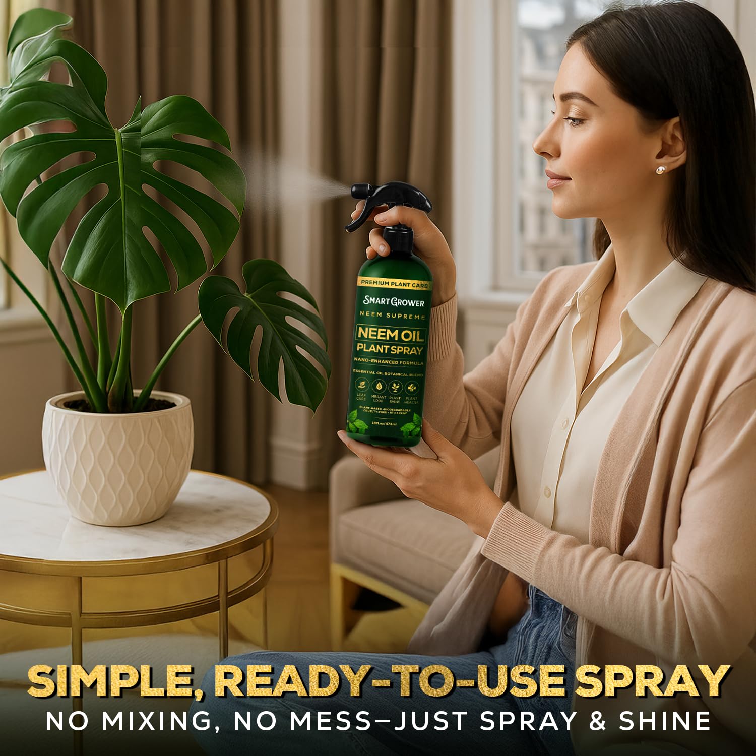 Close-up of the product label on Smart Grower Neem Oil Spray.