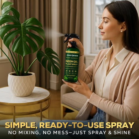 Close-up of the product label on Smart Grower Neem Oil Spray.