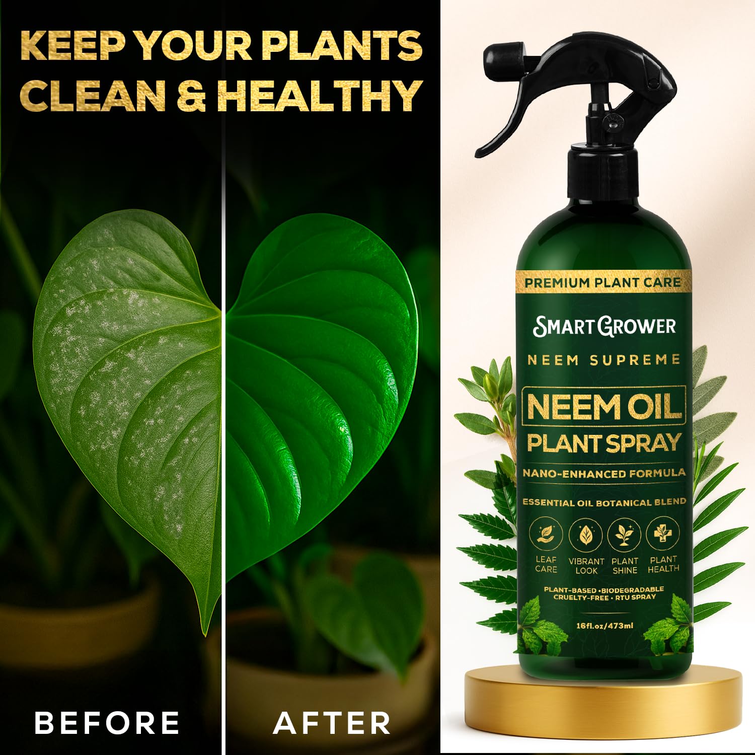 Smart Grower Neem Oil Spray on leaves for gentle cleansing and shine.