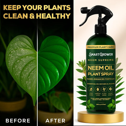 Smart Grower Neem Oil Spray on leaves for gentle cleansing and shine.