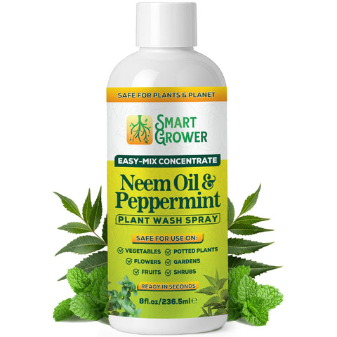 Smart Grower Neem Oil Spray bottle closeup with peppermint blend for leaf shine and cleanliness