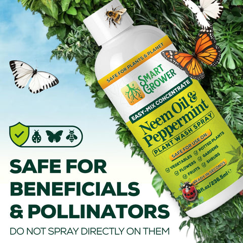 Smart Grower Neem Oil Spray bottle in sunlit garden promoting vibrant, healthy plants