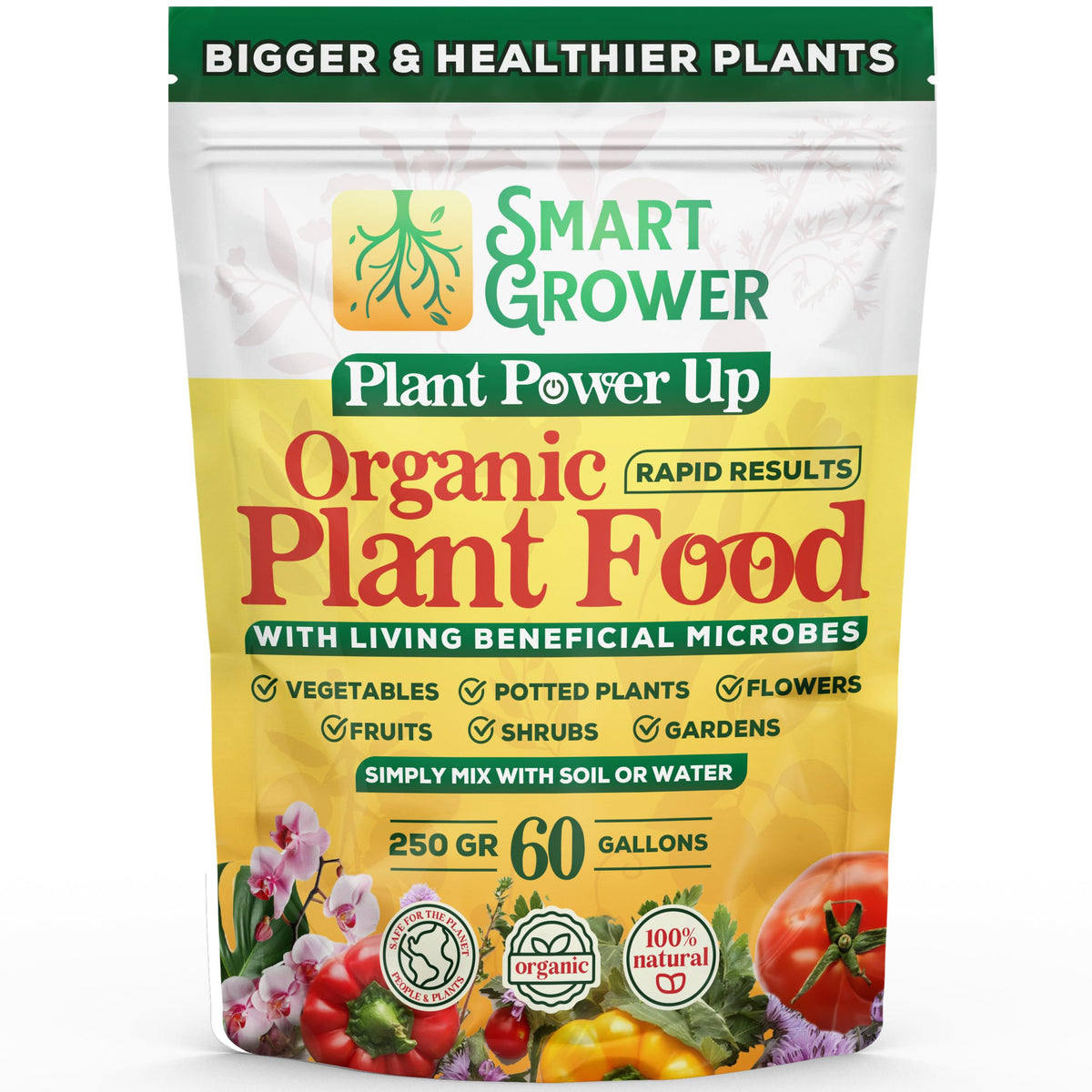 Smart Grower organic plant food bottle boosts healthy growth for indoor and outdoor plants.