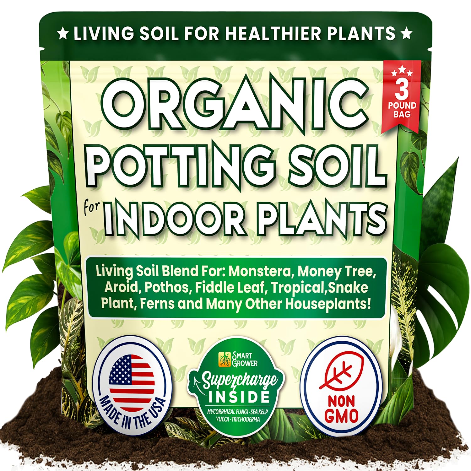Smart Grower Organic Potting Soil bag closeup highlighting premium ingredients for healthier indoor plants.