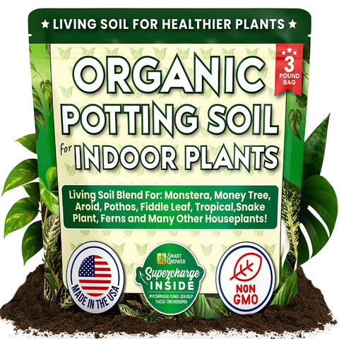 Smart Grower Organic Potting Soil bag closeup highlighting premium ingredients for healthier indoor plants.