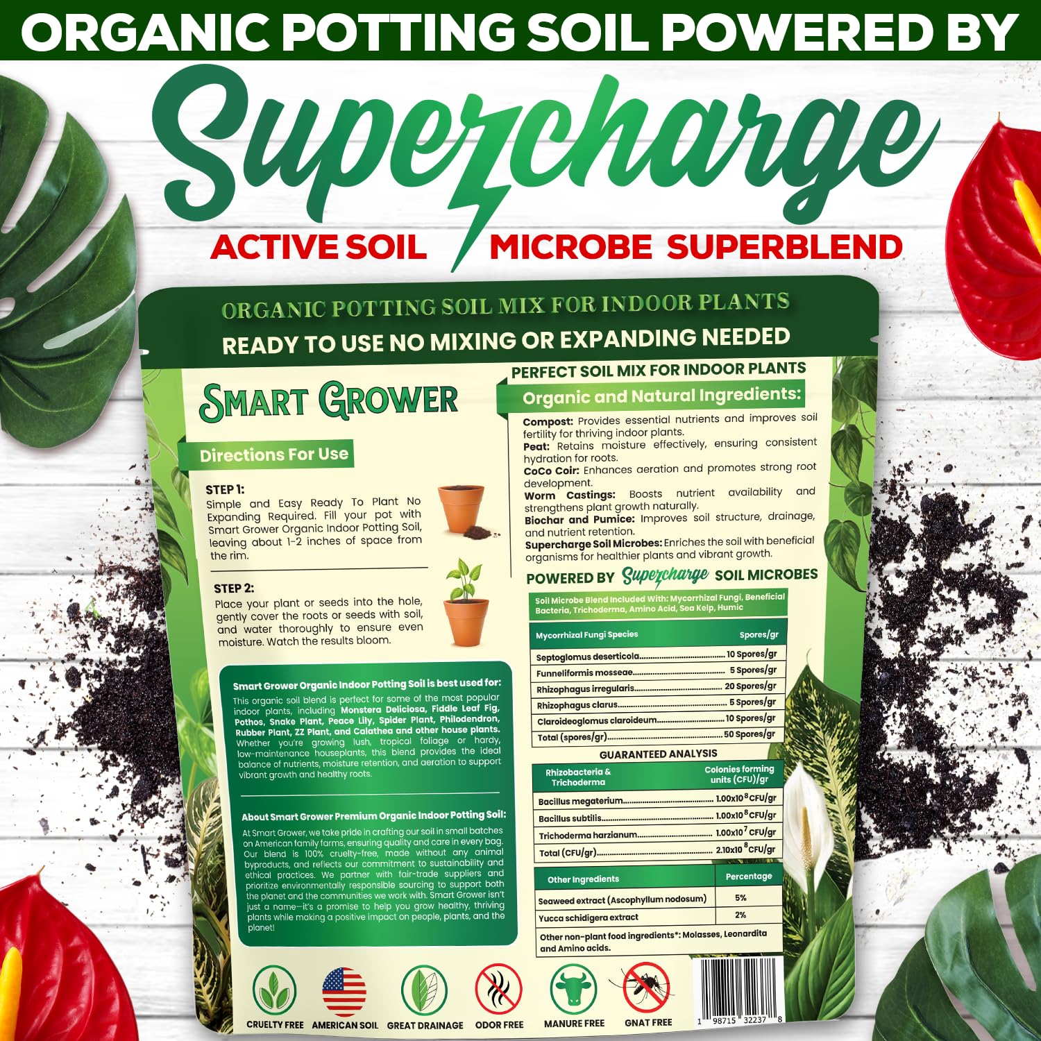 Smart Grower soil next to thriving pothos and monstera illustrating ready-to-plant use.