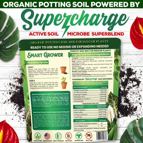 Smart Grower soil next to thriving pothos and monstera illustrating ready-to-plant use.
