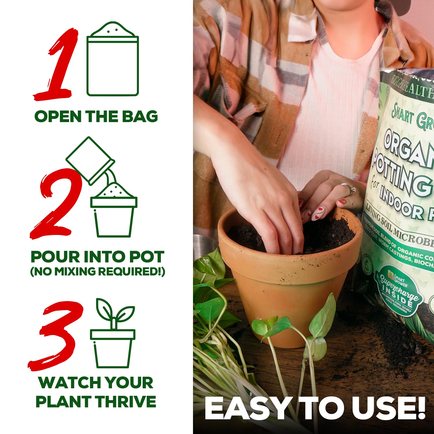 Smart Grower USA-made seal on packaging signals cruelty-free, pet-safe soil.