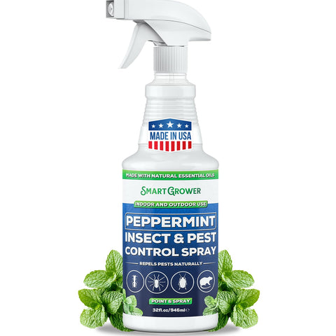 Smart Grower peppermint oil spray bottle shown for convenient home pest control