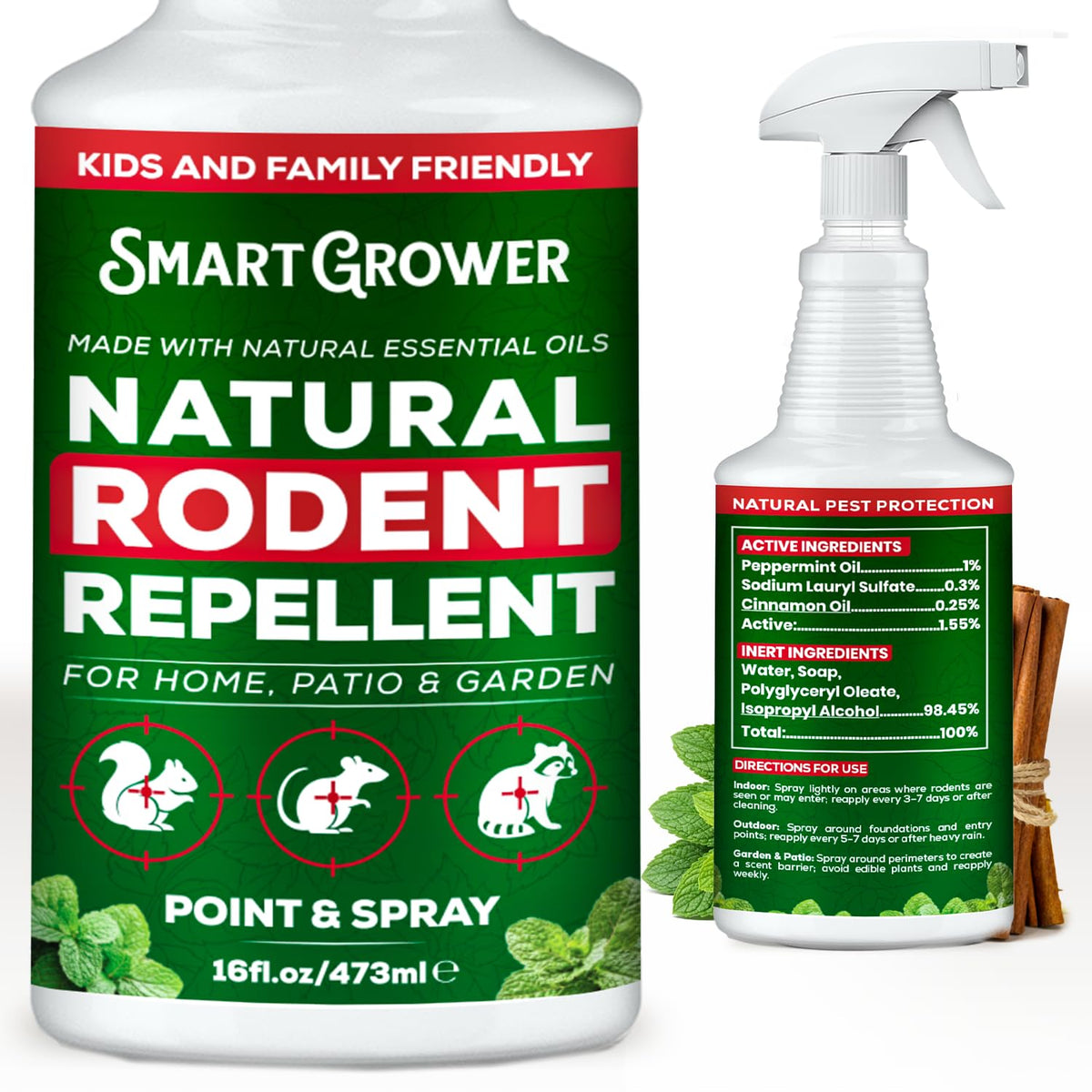 Smart Grower Peppermint Oil Spray bottle demonstrates rodent deterrence with a fresh scent.