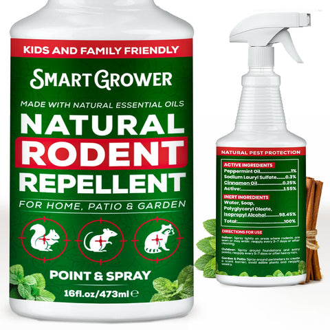 Smart Grower Peppermint Oil Spray bottle demonstrates rodent deterrence with a fresh scent.