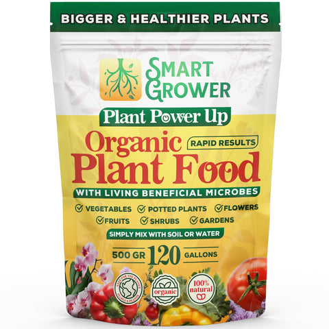 Smart Grower Plant Food bottle label shows a natural blend for healthier indoor and outdoor plants.