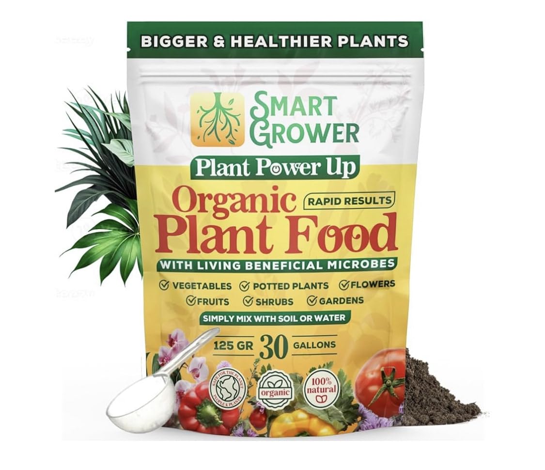 Smart Grower Plant Power Up bottle pour demonstrates quick, organic plant growth for indoor and outdoor gardens.